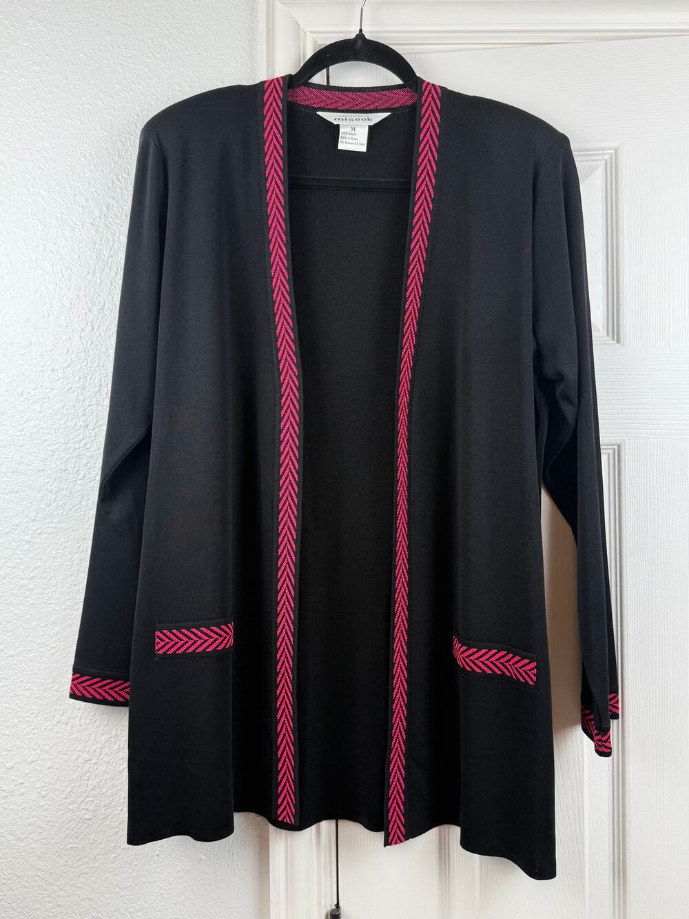 Misook Womens Chevron Trim Cardigan Size Medium Black Pink Old Money Minimalist